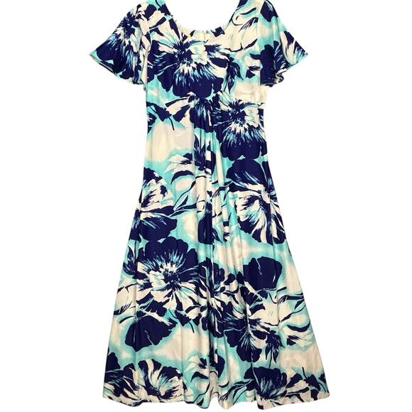 Vintage 1970s Sears Hawaiian Fashions Maxi Dress Womens M Blue Floral MuuMuu - Picture 1 of 12